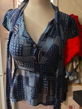 Odille Navy and Light Blue Patterned Wrap Blouse